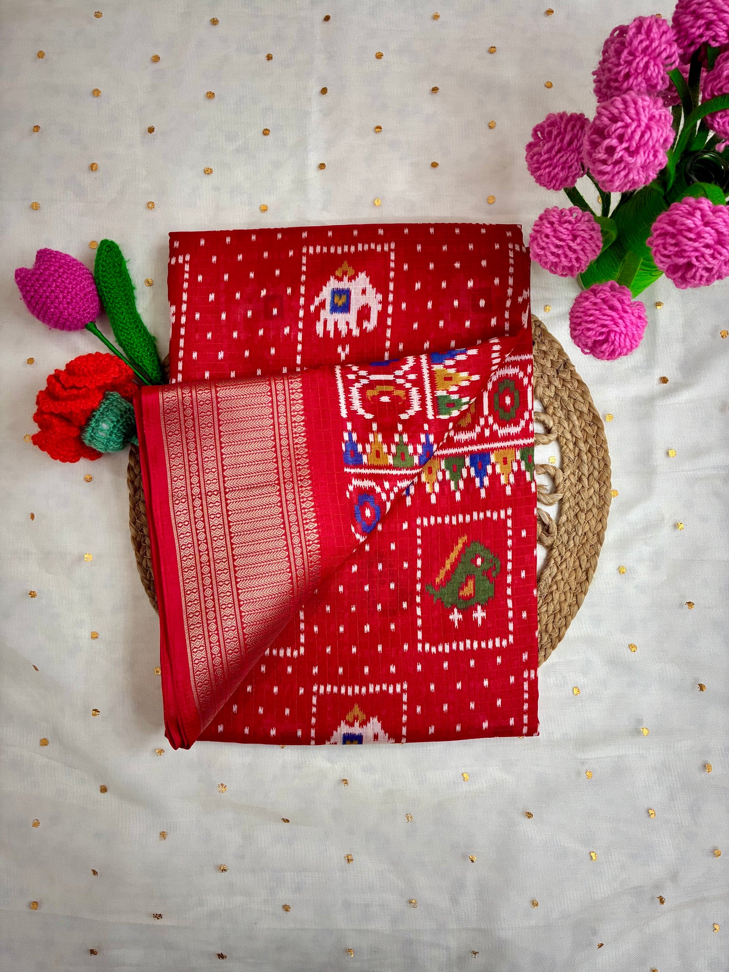 Red Pochampally Design Festive Saree