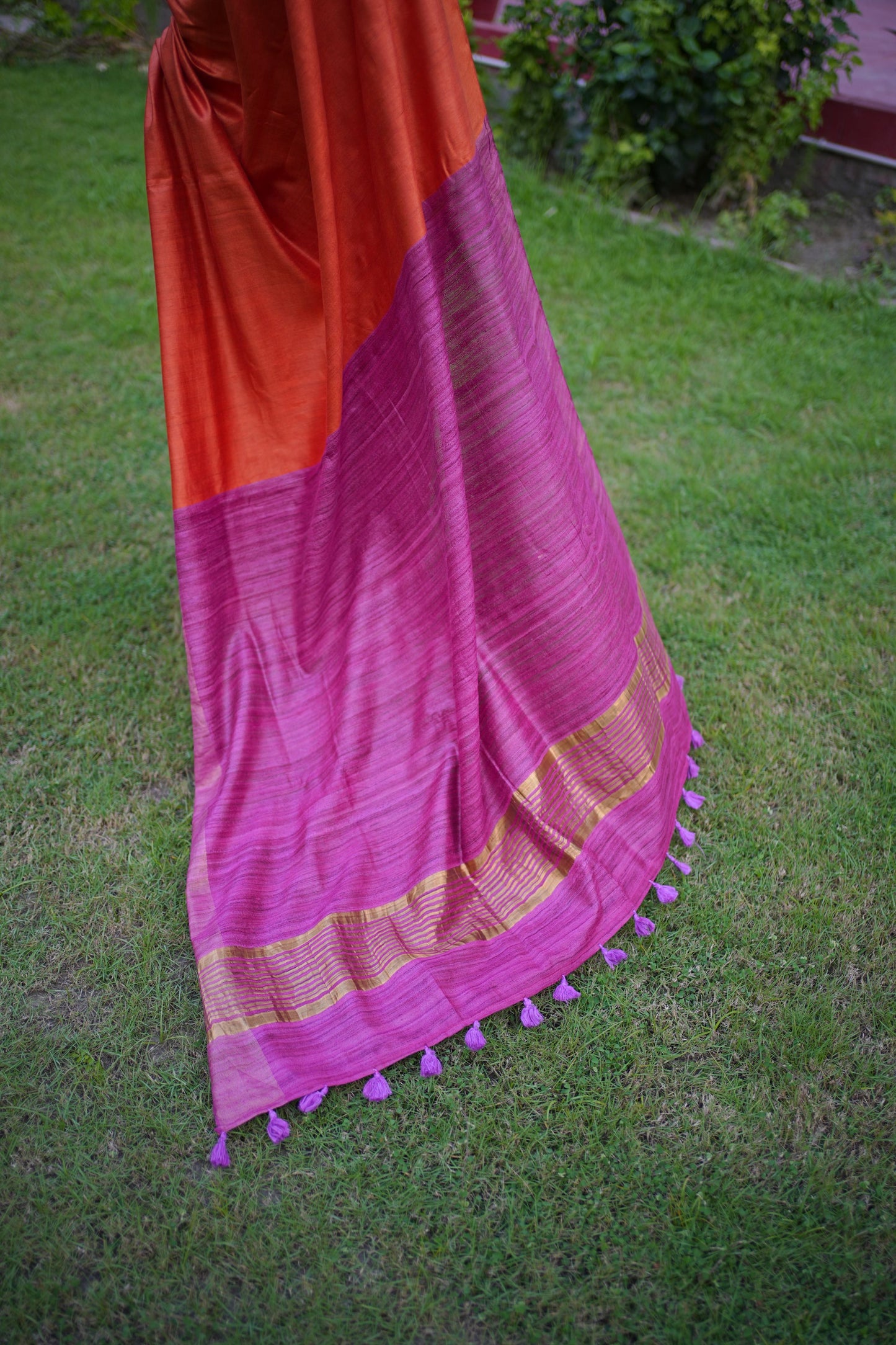 Orange Pink Half Silk Bhagalpuri Silk Saree