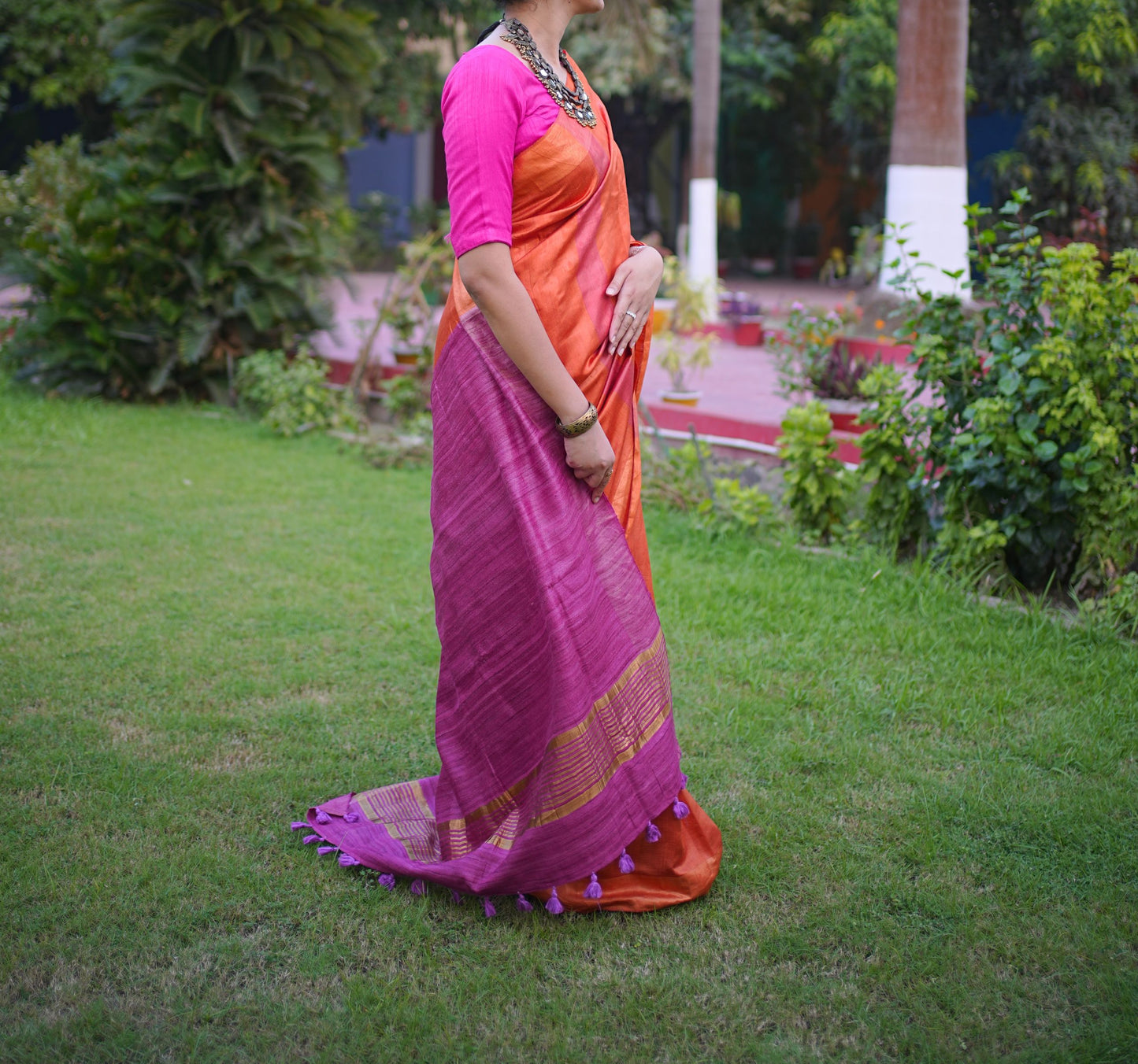 Orange Pink Half Silk Bhagalpuri Silk Saree