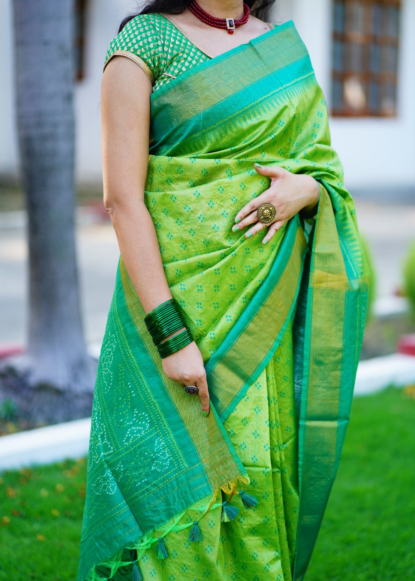 Woman wearing a green saree with a blurred background