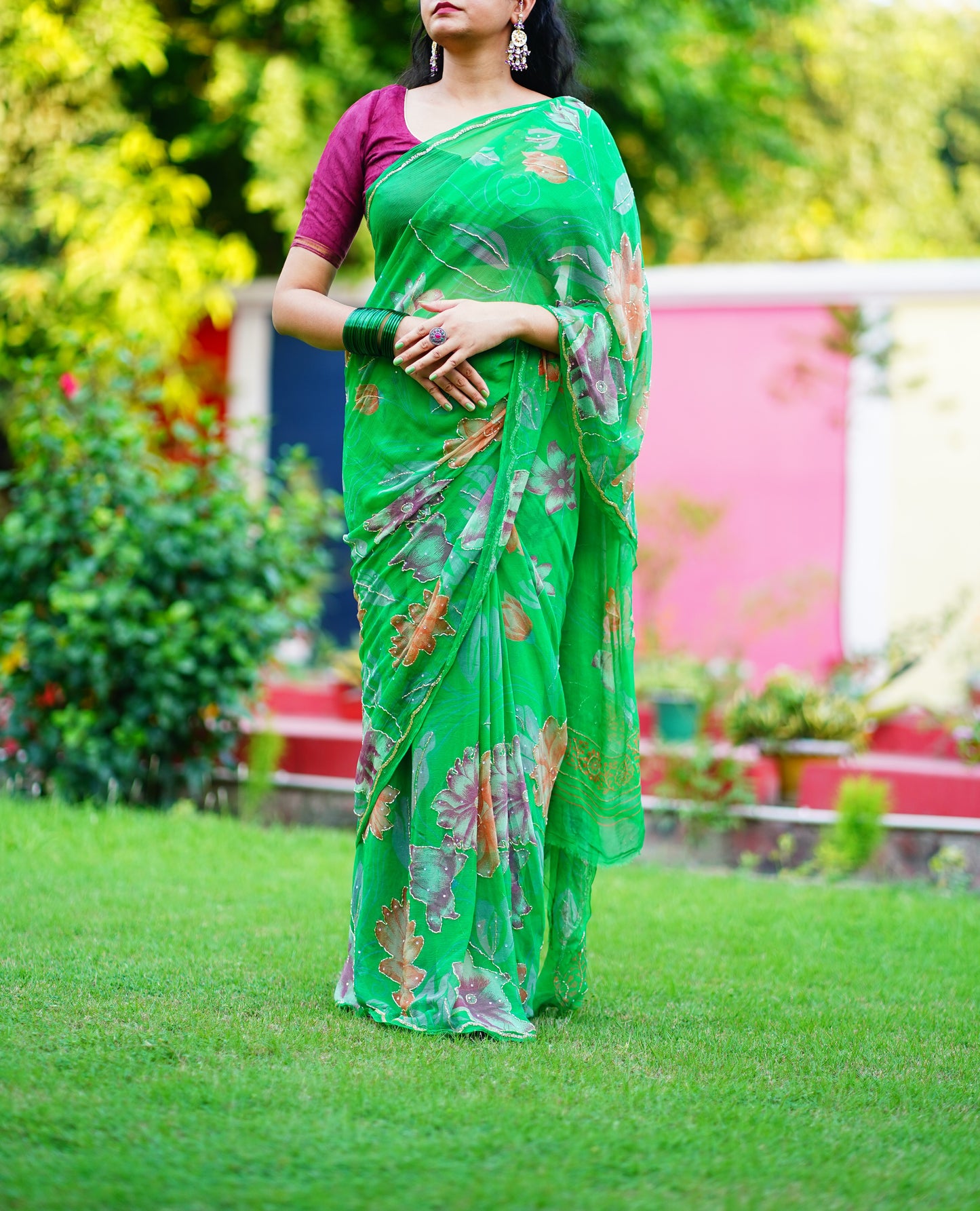 Green Floral Handwork Pure Chiffon Saree