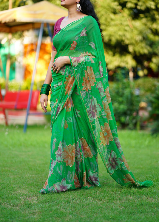 Green Floral Handwork Pure Chiffon Saree