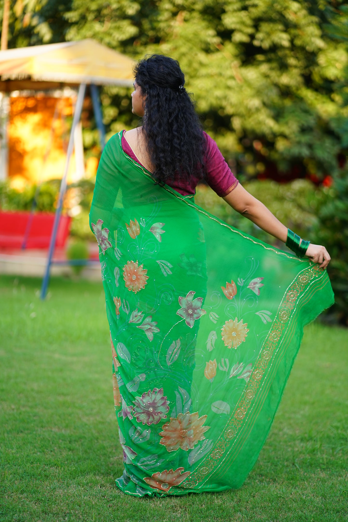 Green Floral Handwork Pure Chiffon Saree