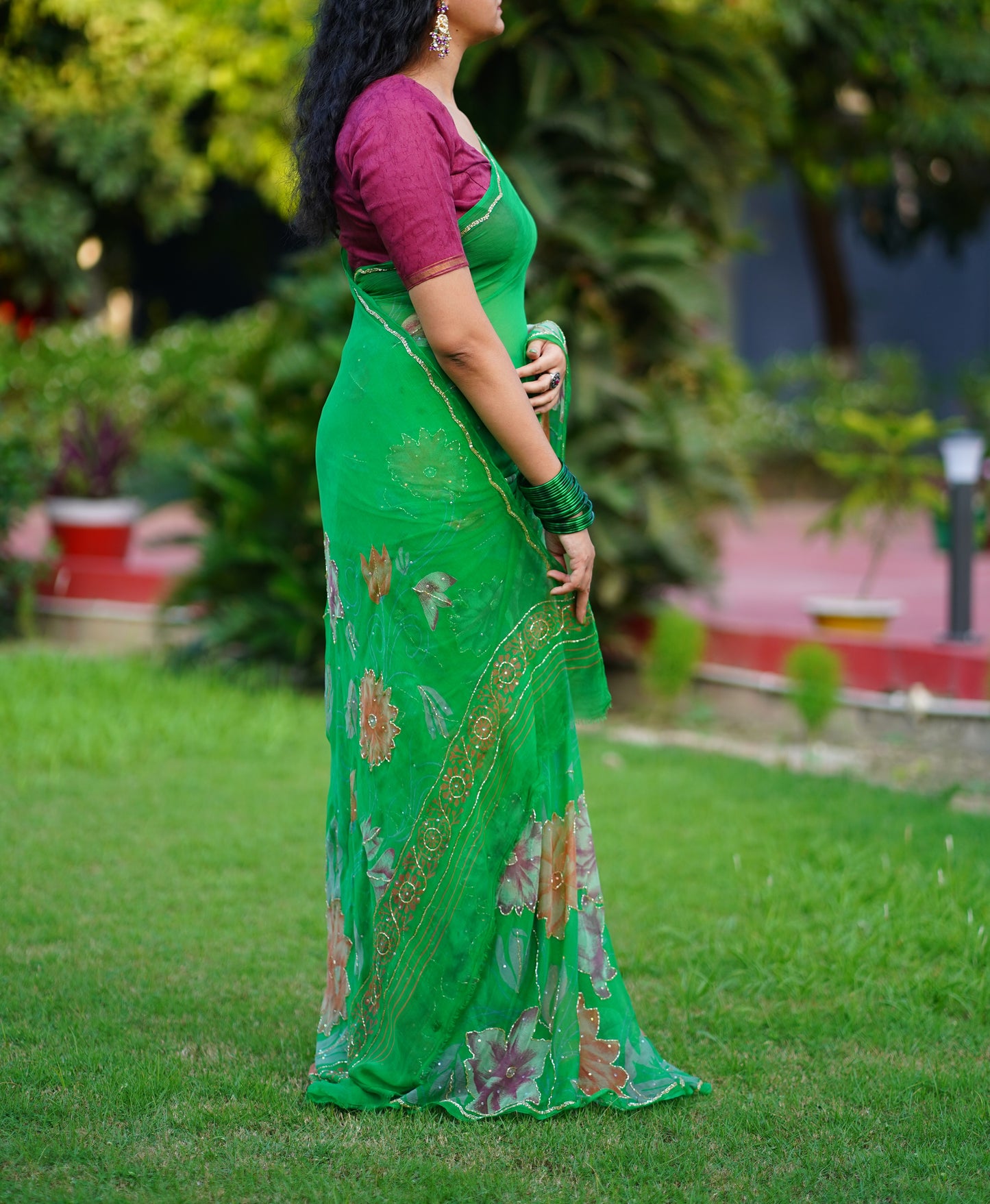 Green Floral Handwork Pure Chiffon Saree