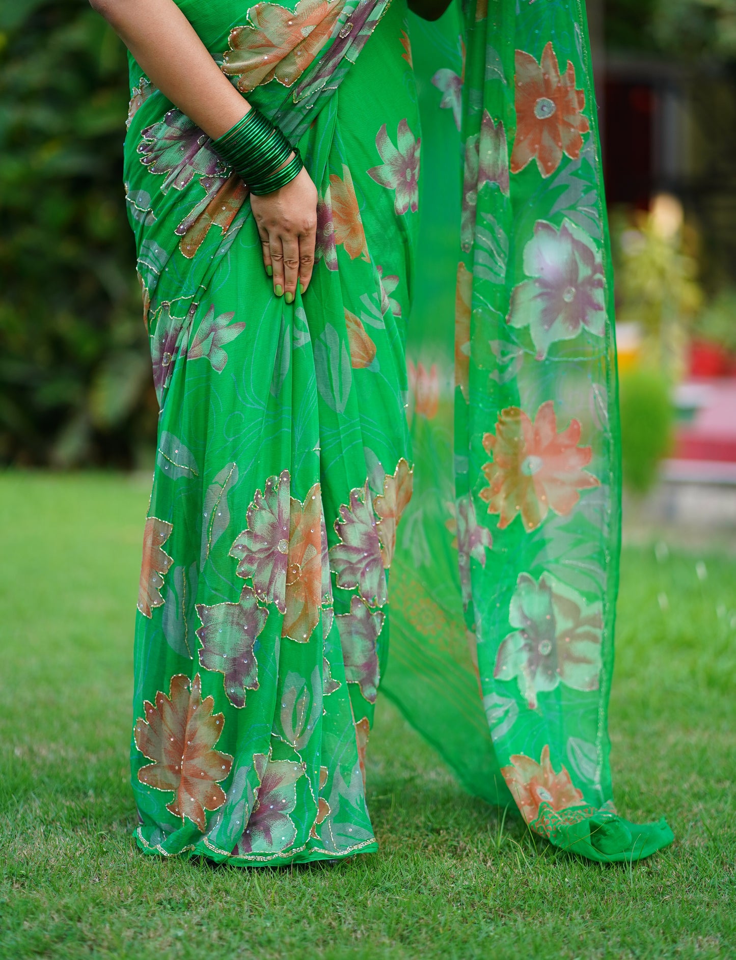 Green Floral Handwork Pure Chiffon Saree