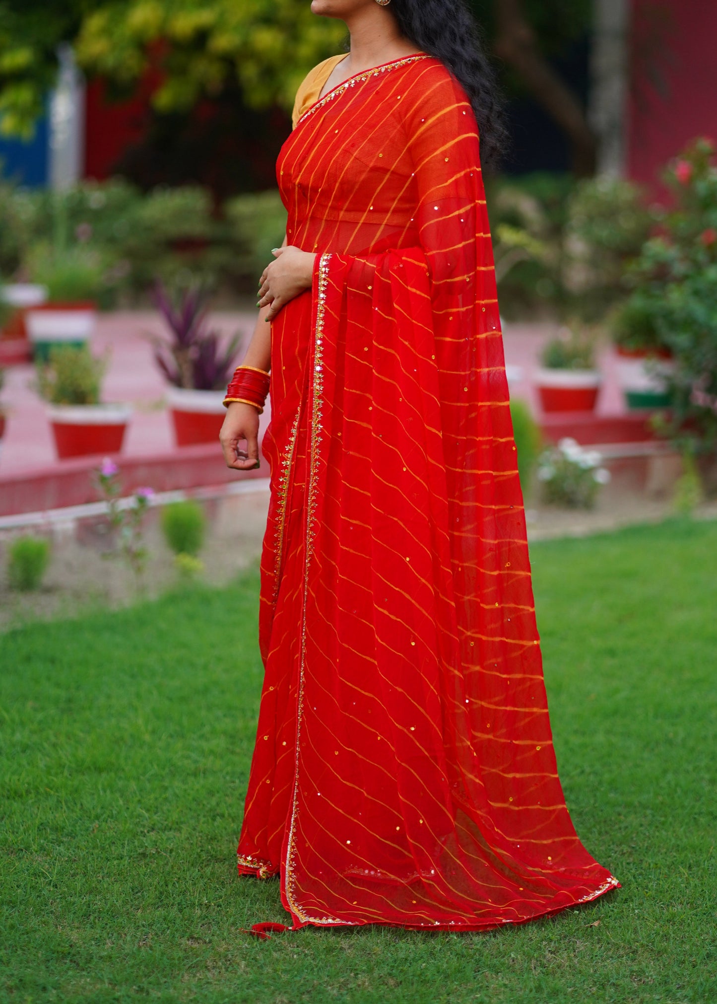 Red Leheriya with Border Work Pure Chiffon Saree