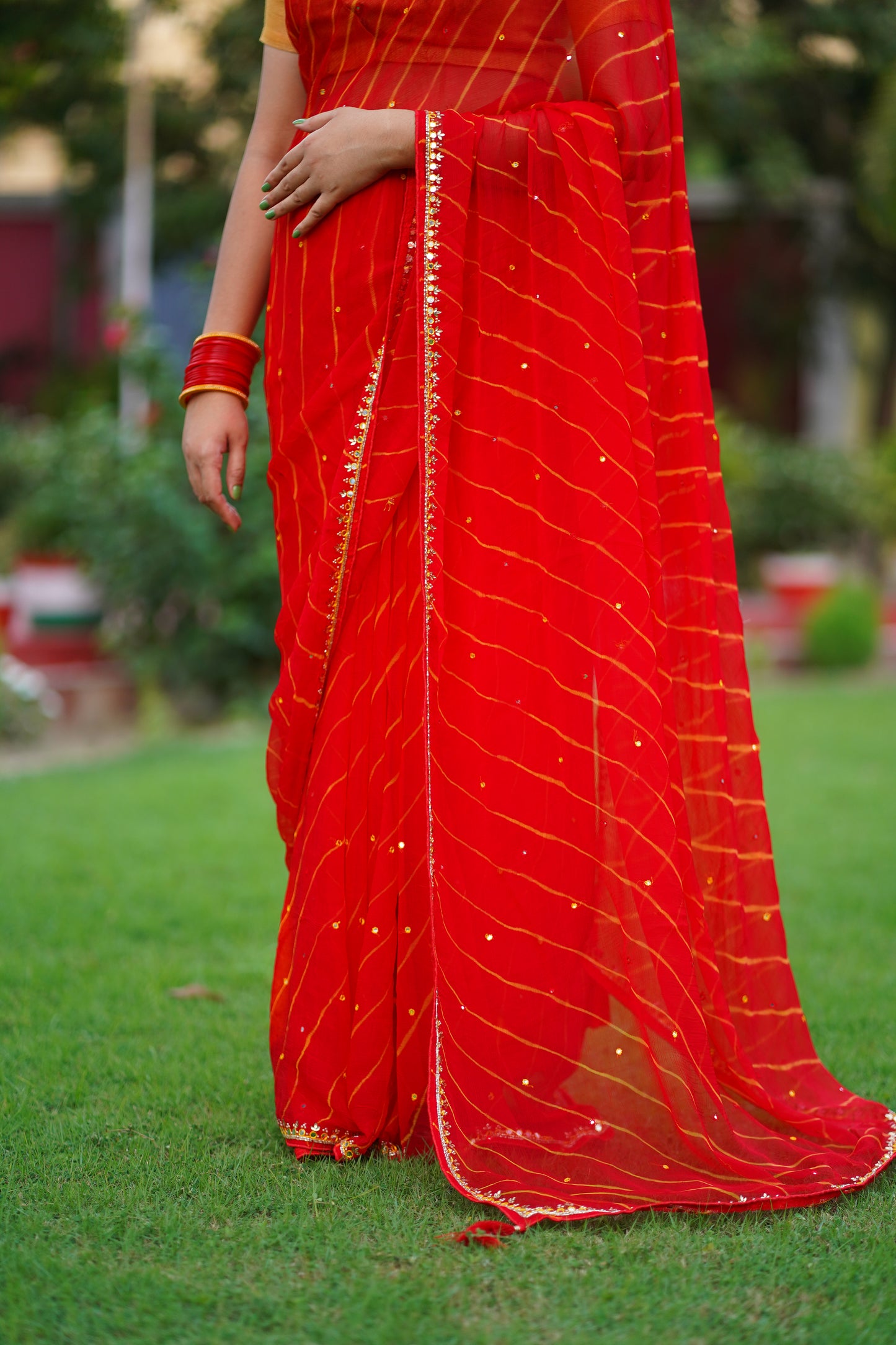 Red Leheriya with Border Work Pure Chiffon Saree