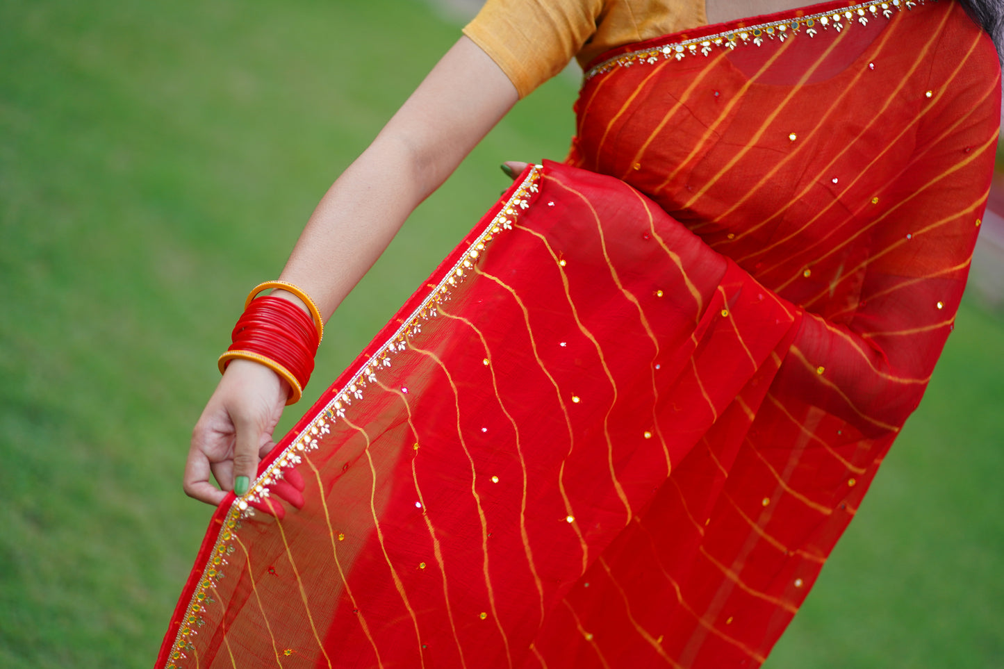 Red Leheriya with Border Work Pure Chiffon Saree