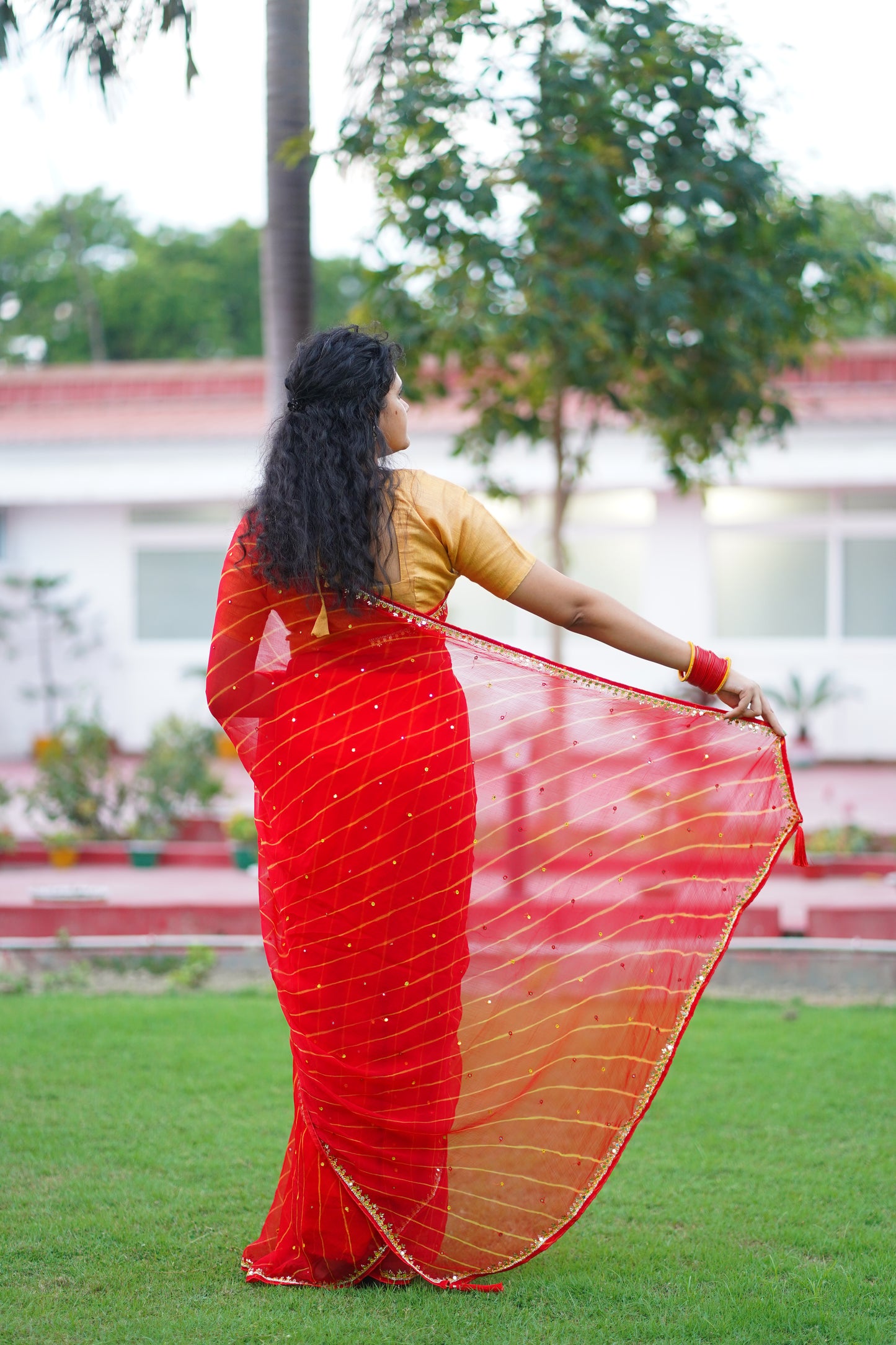 Red Leheriya with Border Work Pure Chiffon Saree