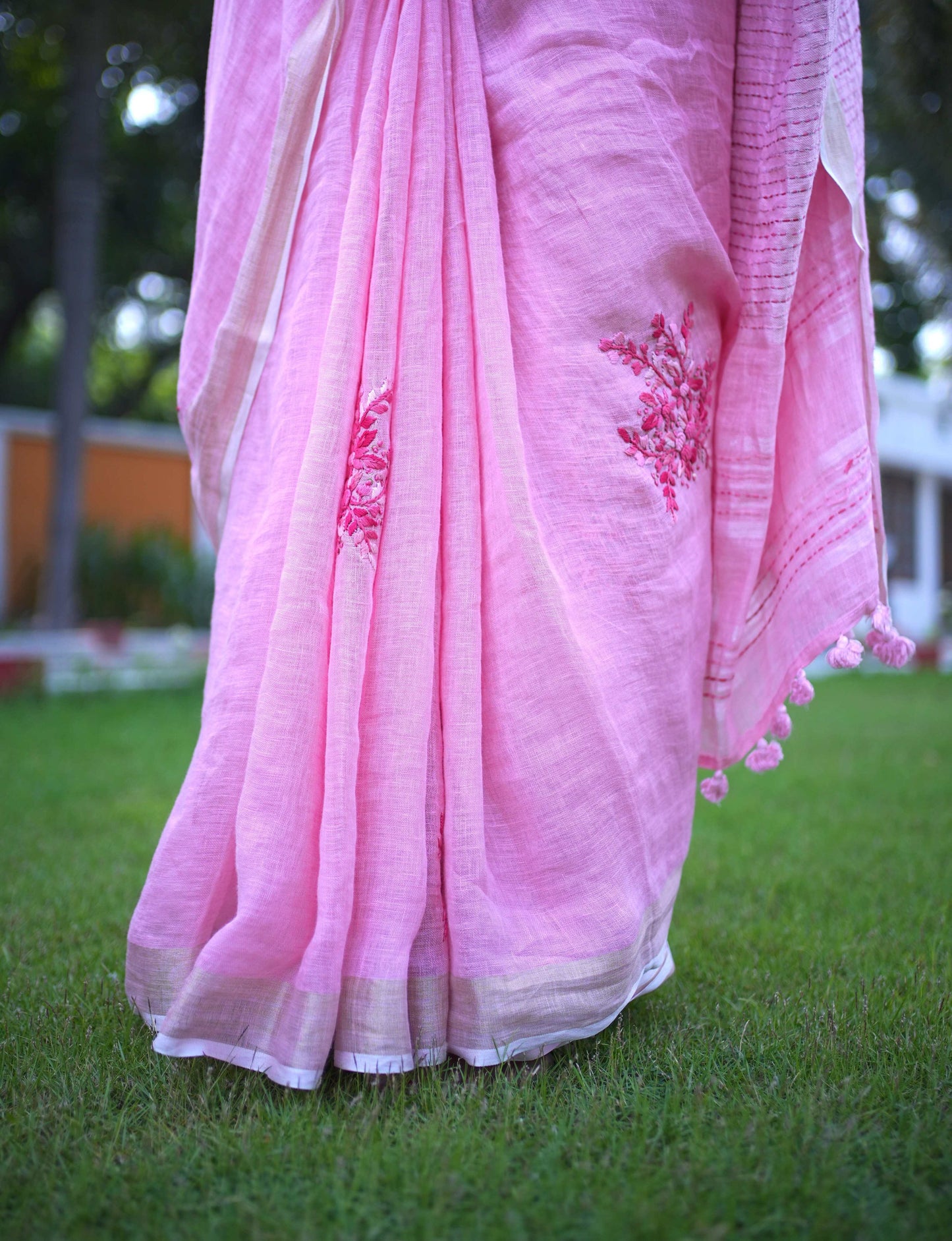 Pink Flower Pure Linen Saree