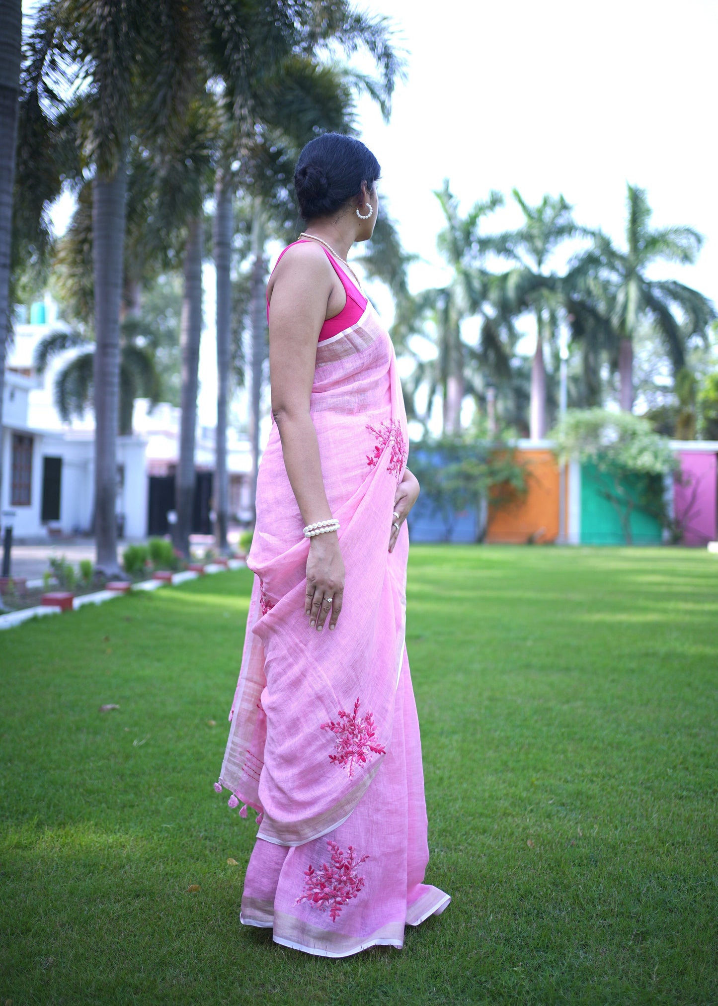 Pink Flower Pure Linen Saree