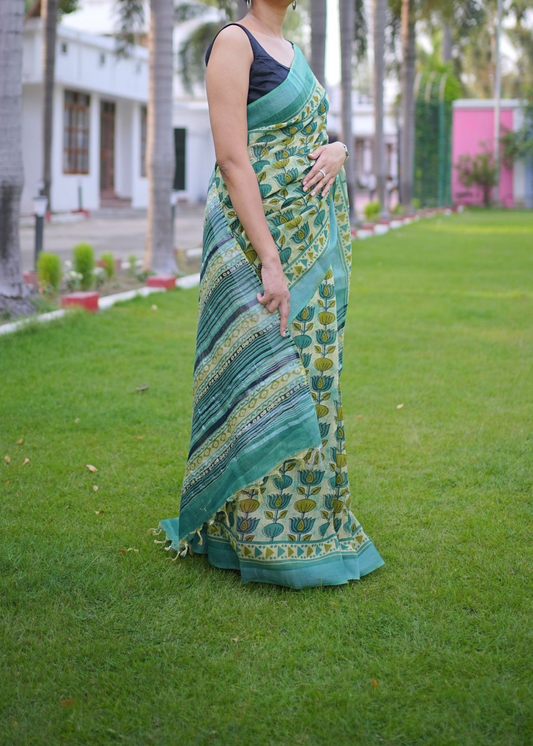 Green Linen Cotton Saree