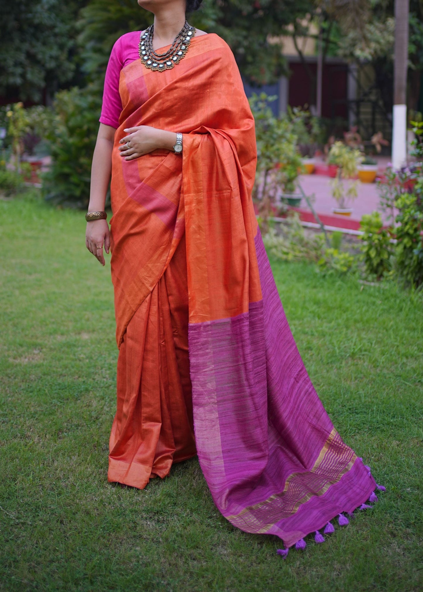 Orange Pink Half Silk Bhagalpuri Silk Saree