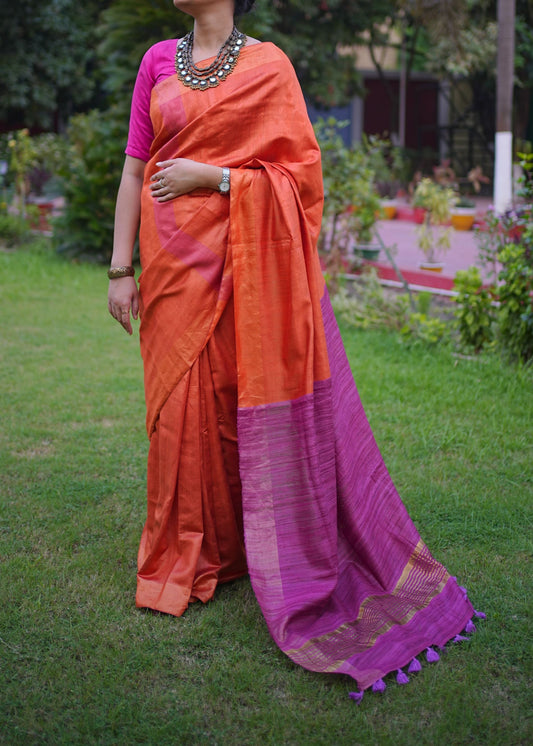Orange Pink Half Silk Bhagalpuri Silk Saree