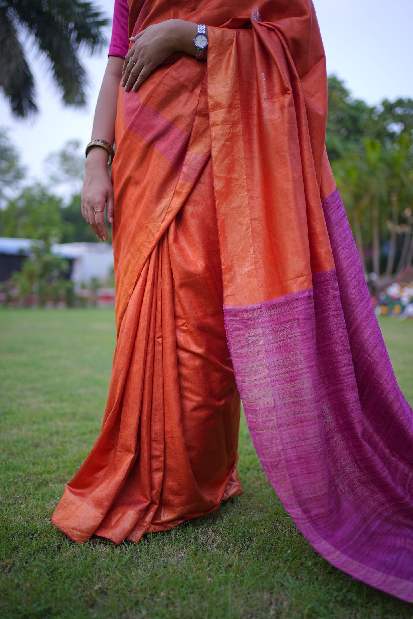 Orange Pink Half Silk Bhagalpuri Silk Saree