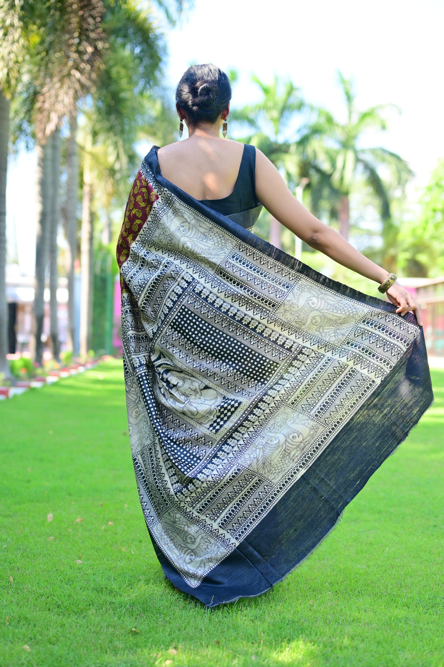 Mridaa-  Black & Brown Bhagalpuri Ghicha Silk with Madhubani Print