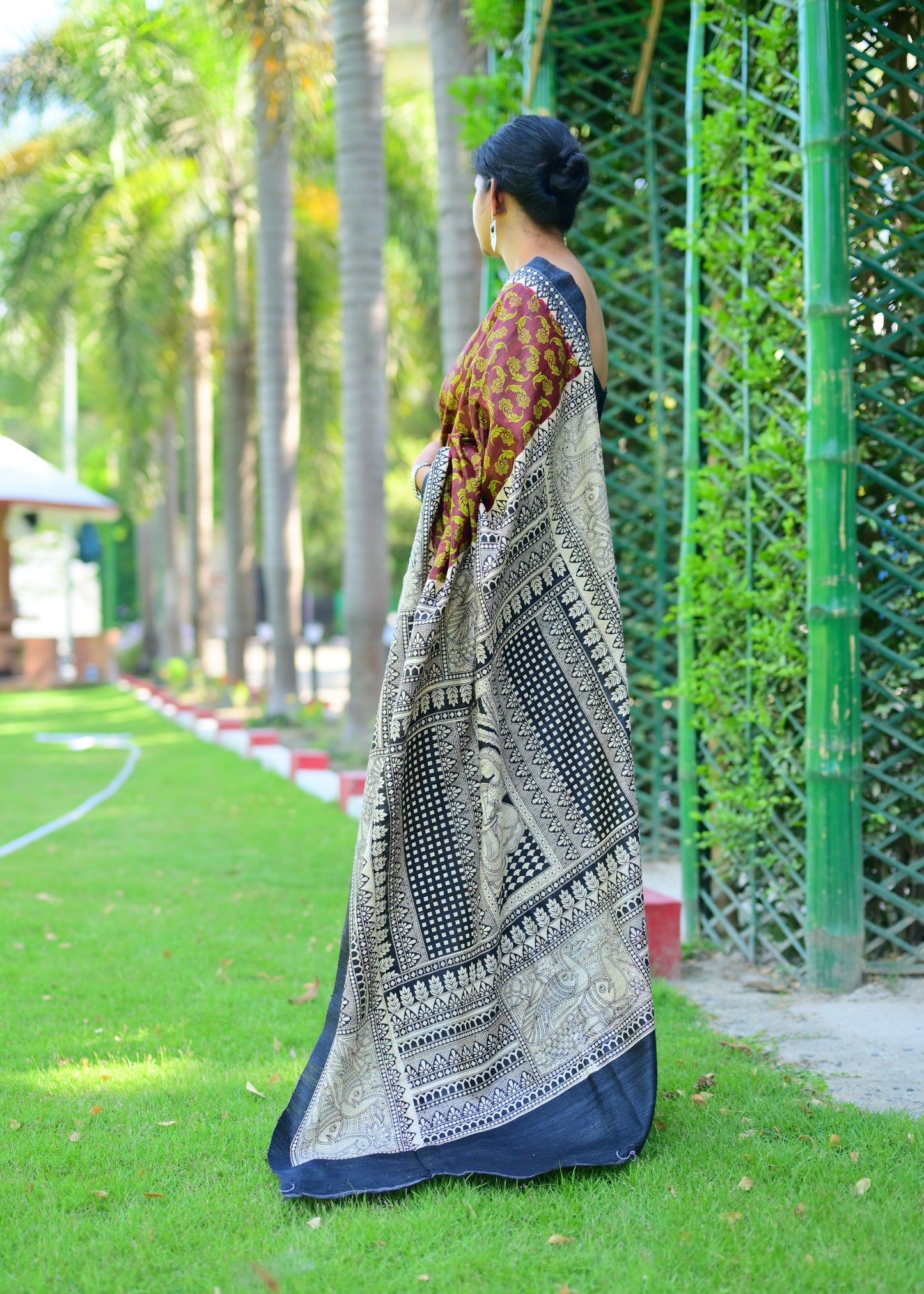 Mridaa-  Black & Brown Bhagalpuri Ghicha Silk with Madhubani Print