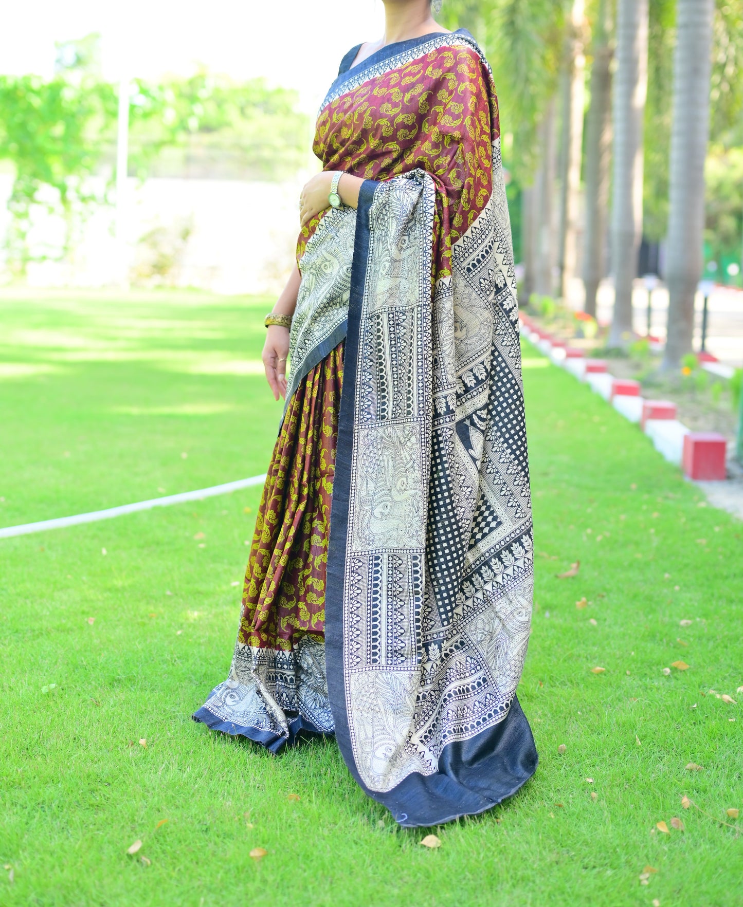 Mridaa-  Black & Brown Bhagalpuri Ghicha Silk with Madhubani Print