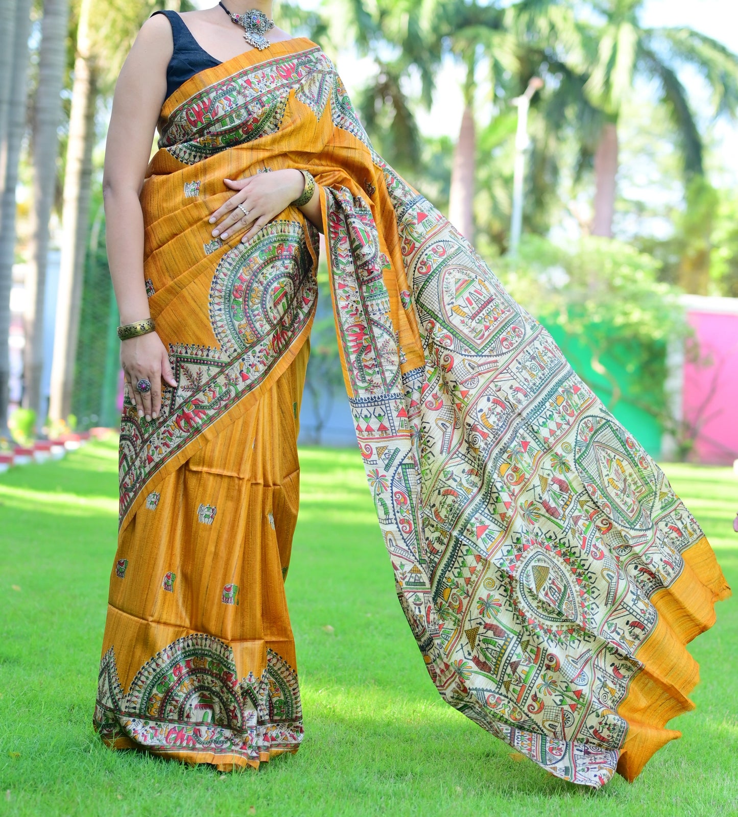 Saanjhrekha- Mustard Bhagalpuri Ghicha Silk with Warli Art
