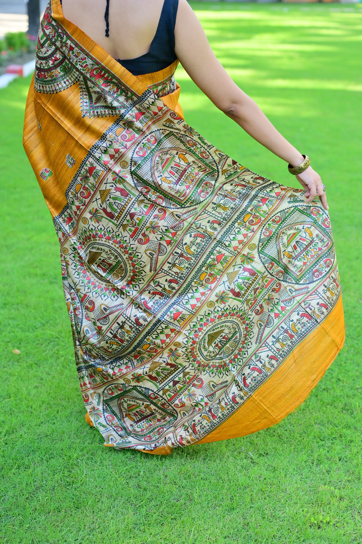 Saanjhrekha- Mustard Bhagalpuri Ghicha Silk with Warli Art