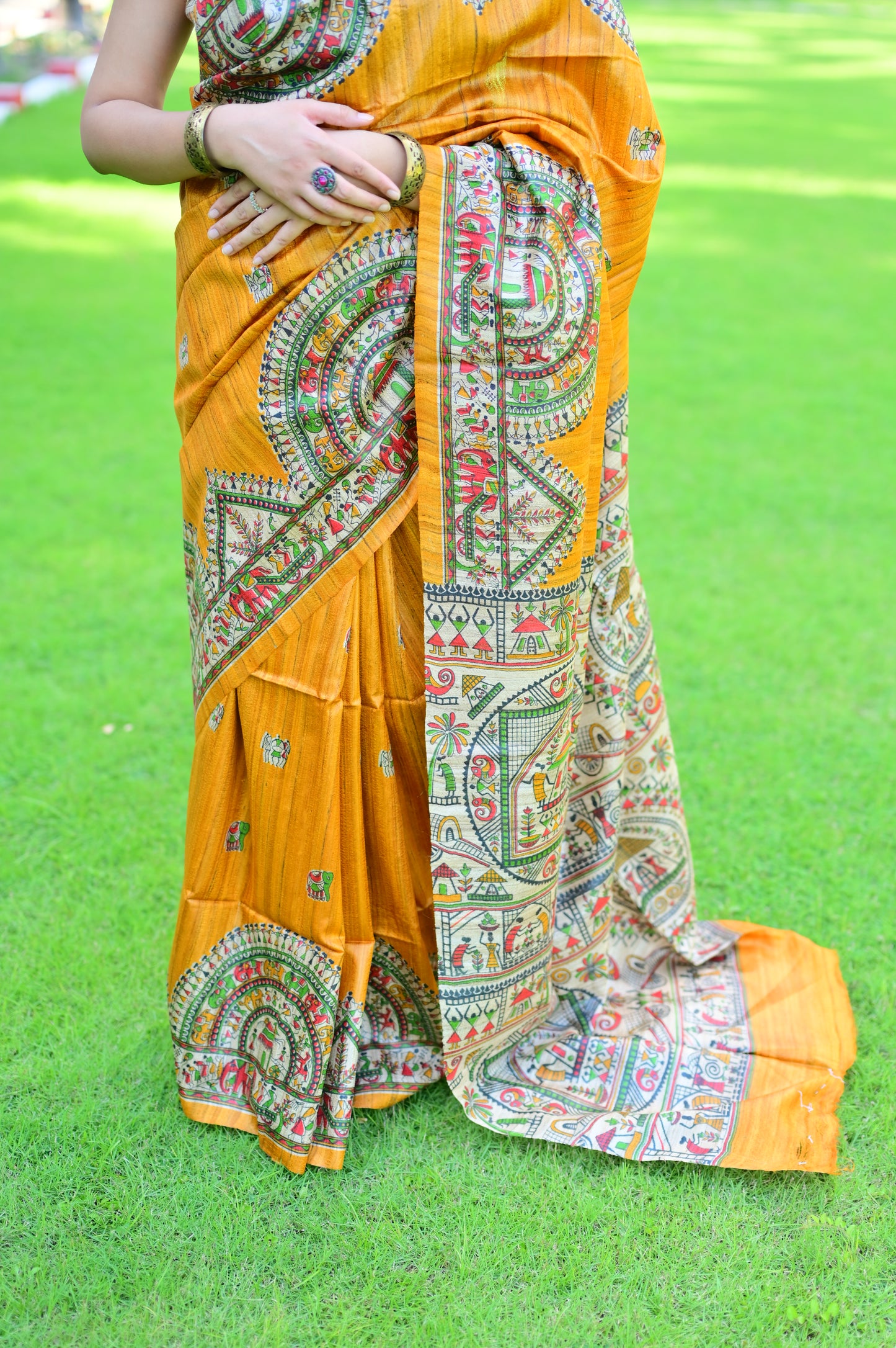 Saanjhrekha- Mustard Bhagalpuri Ghicha Silk with Warli Art