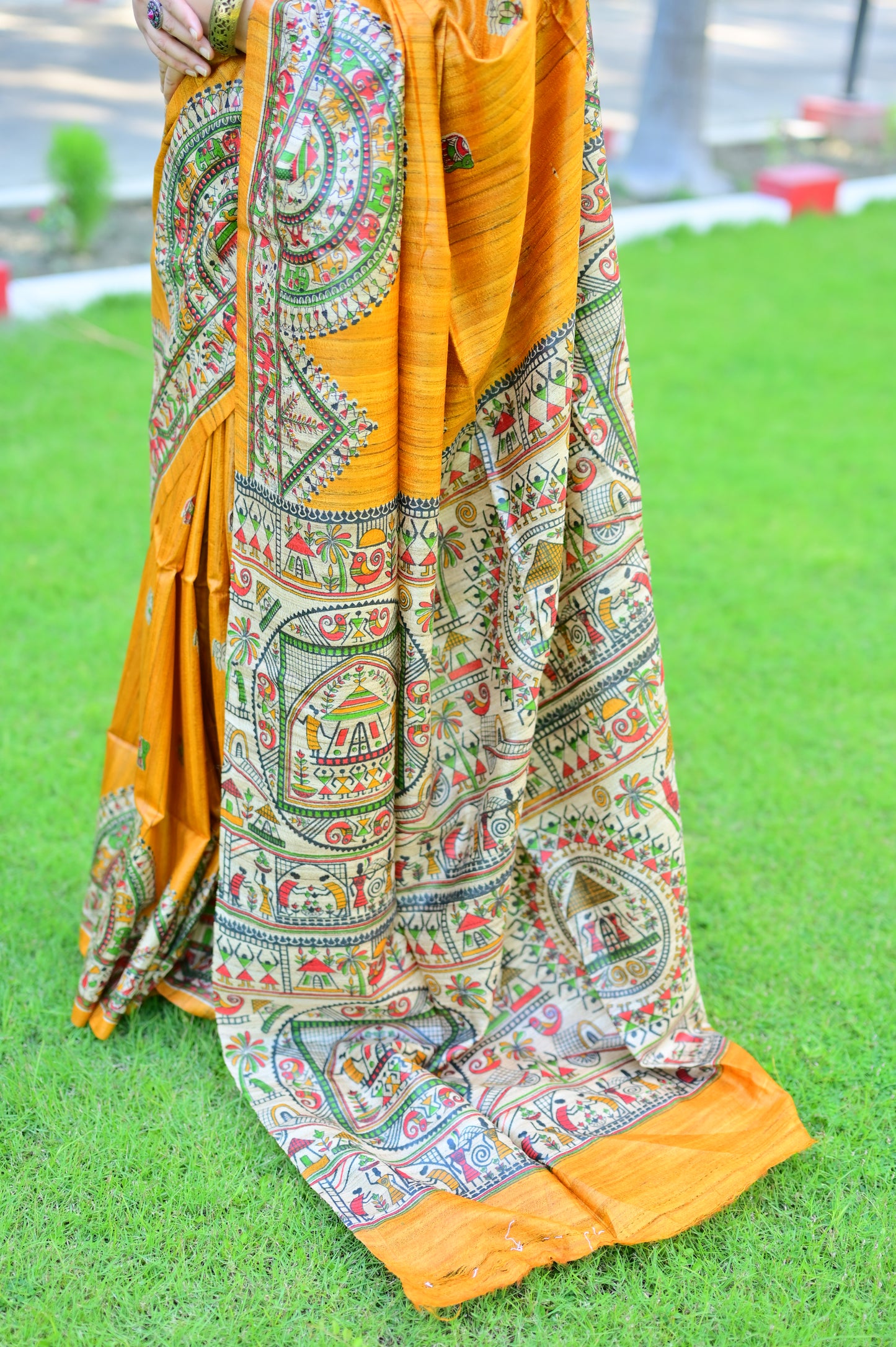 Saanjhrekha- Mustard Bhagalpuri Ghicha Silk with Warli Art