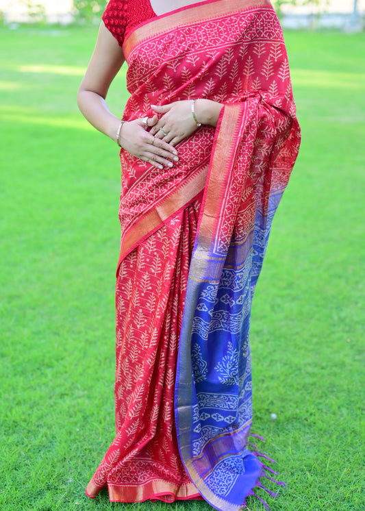 Raag-Ragini- Red-Blue Chanderi Print