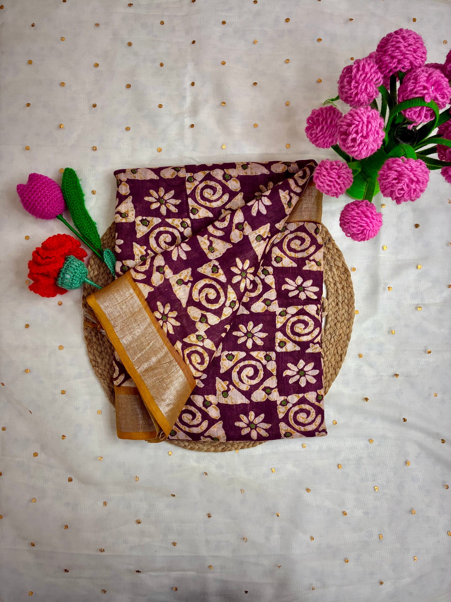 Wine Square Design Linen Cotton Saree