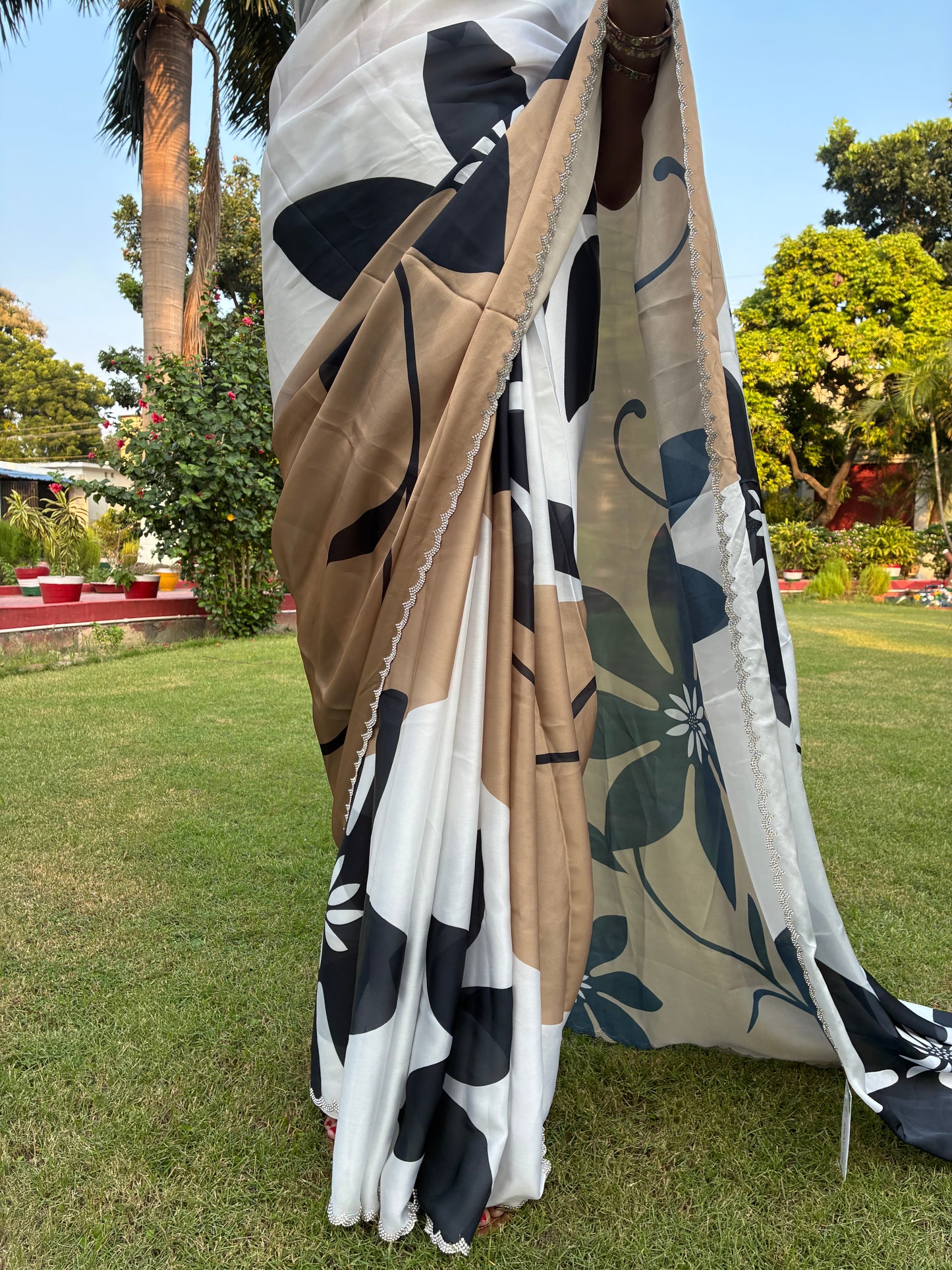 White Brown Floral Pastel Crepe Satin Saree