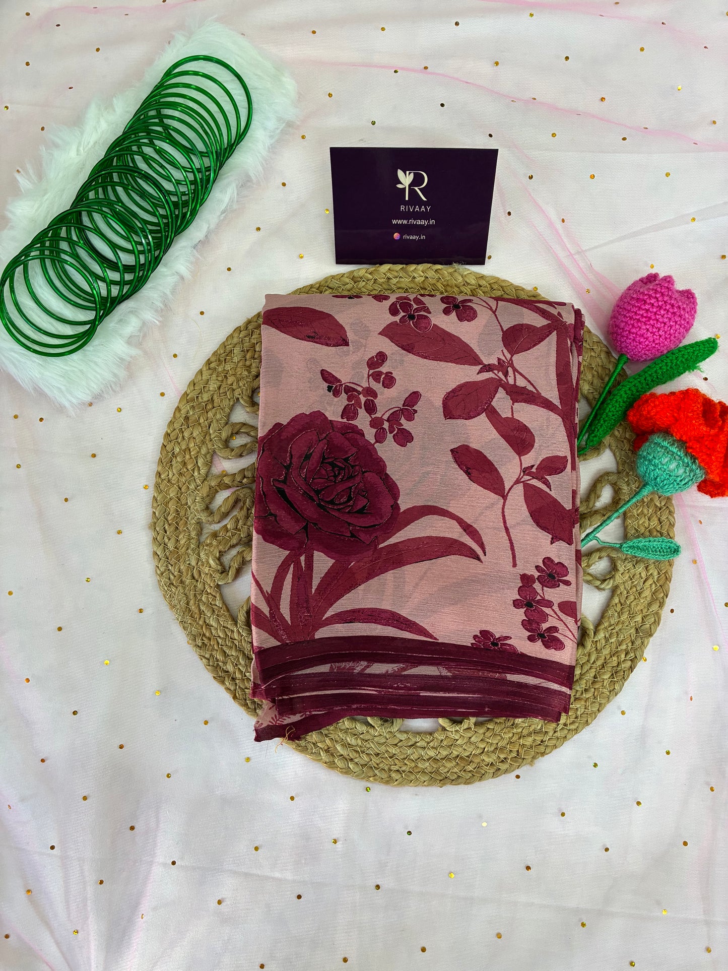Maroon Brown Floral Pure Chiffon Saree
