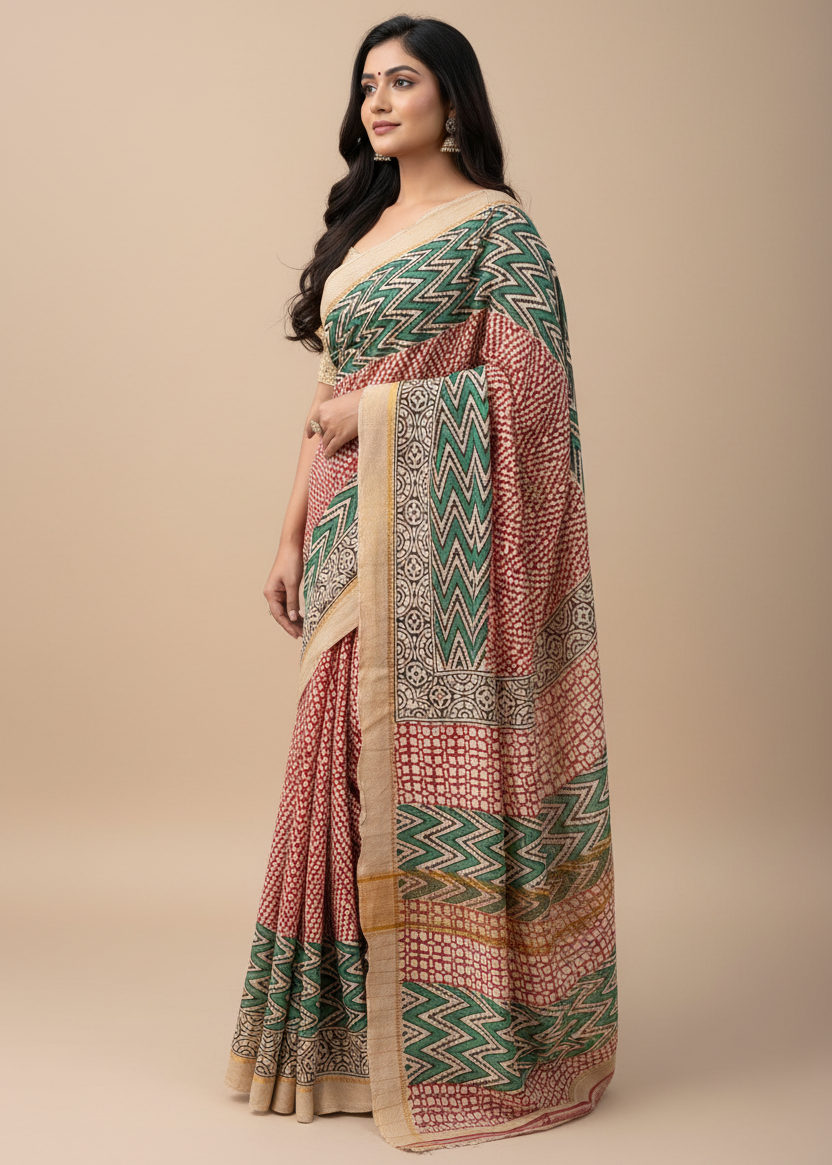 Brown Green Geometric Pattern Chanderi Saree
