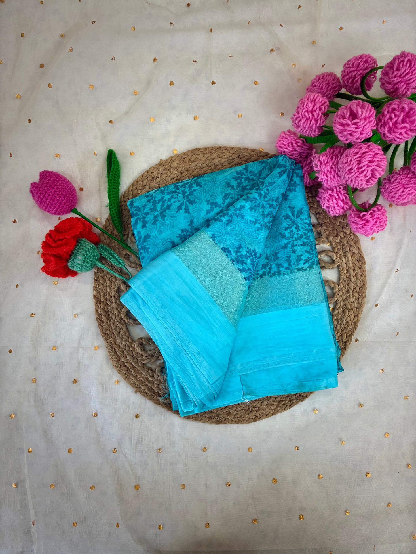 Blue Printed Semi Chiffon Saree