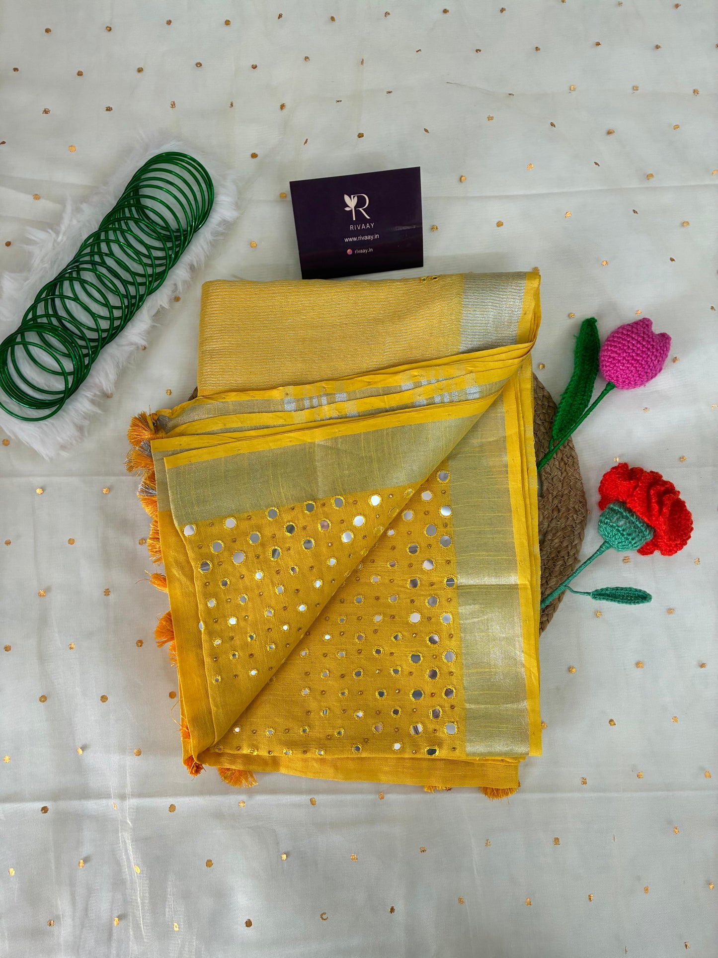 Yellow Work Pure Linen Saree