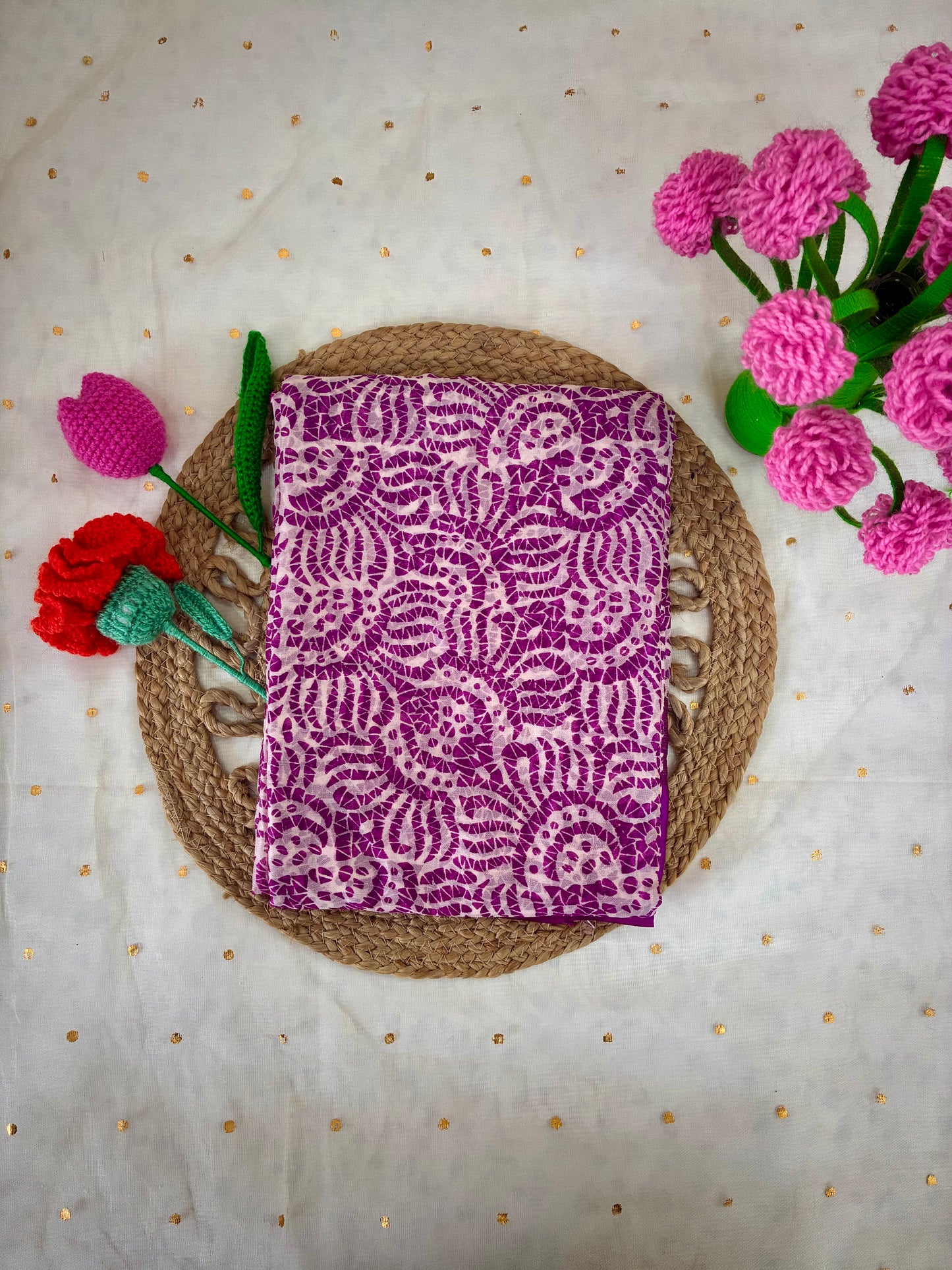 Purple White Printed Semi Chiffon Saree