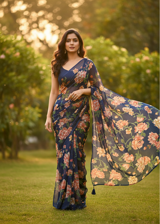 Woman in a floral saree standing outdoors with greenery in the background
