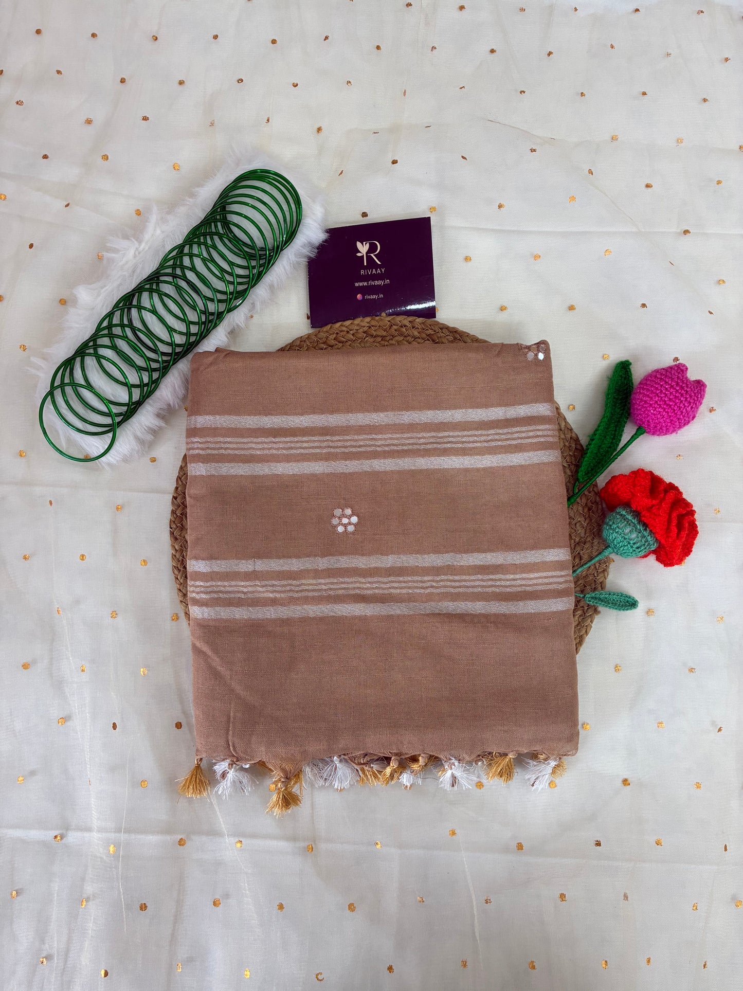 Chikoo- Beige Brown Work Pure Linen Saree