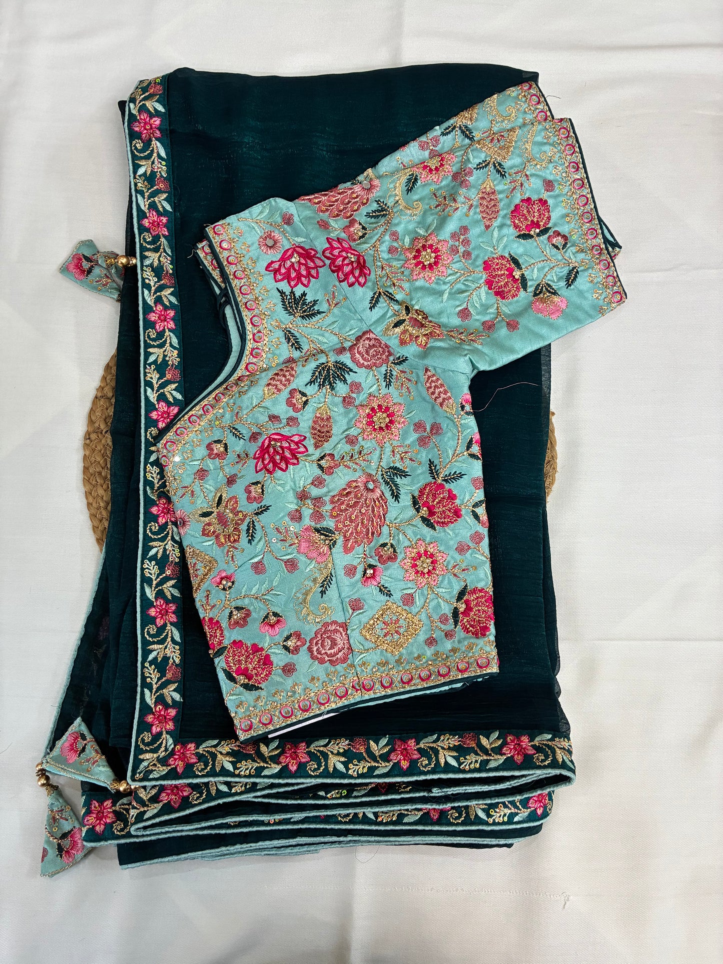 Blue Crushed Saree and Embroidered Blouse Combo