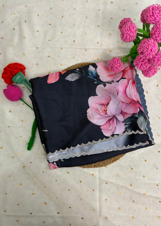 Floral-patterned fabric with pink flowers on a textured white background