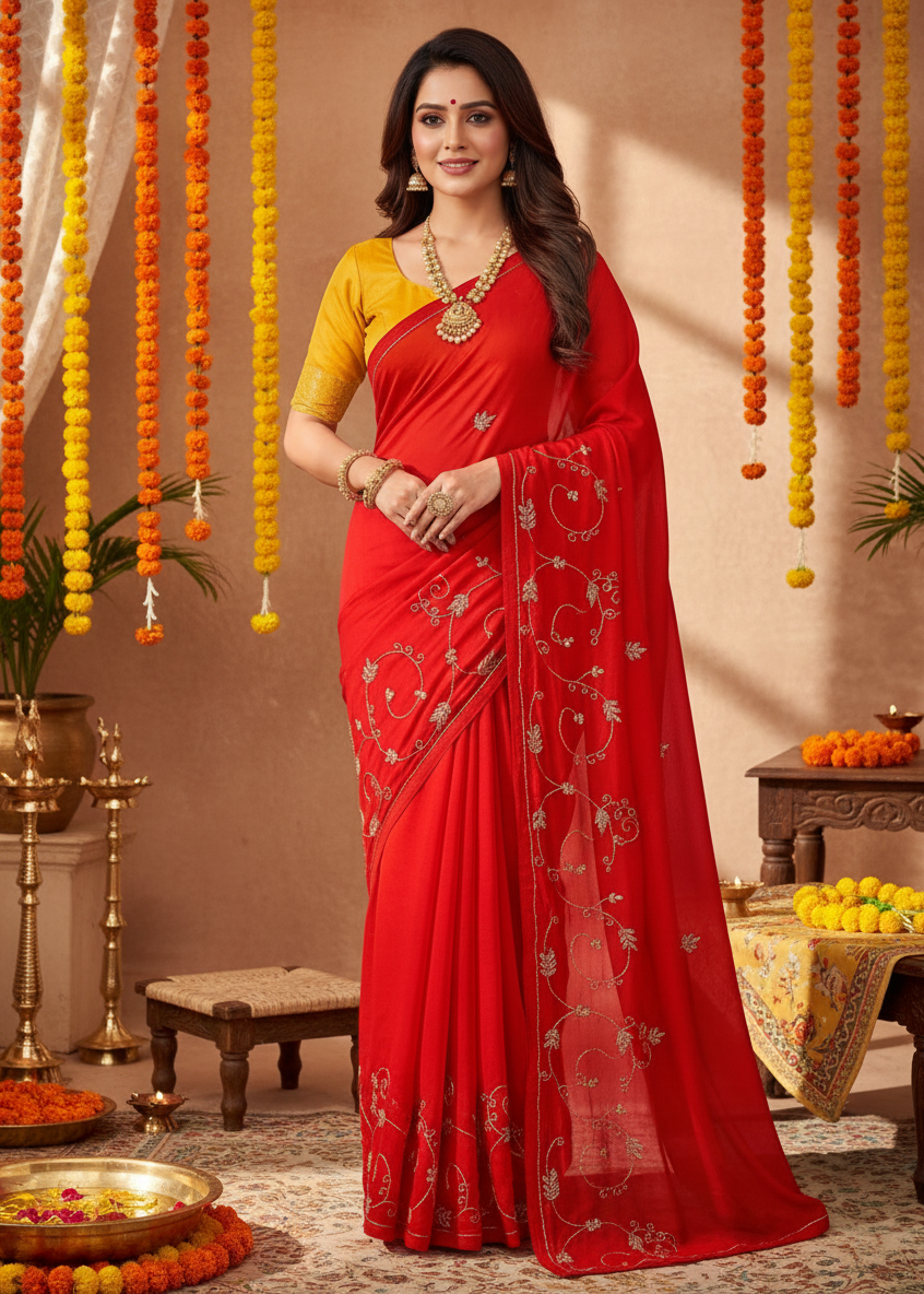 Red Kutdana Festive Semi Chiffon Saree