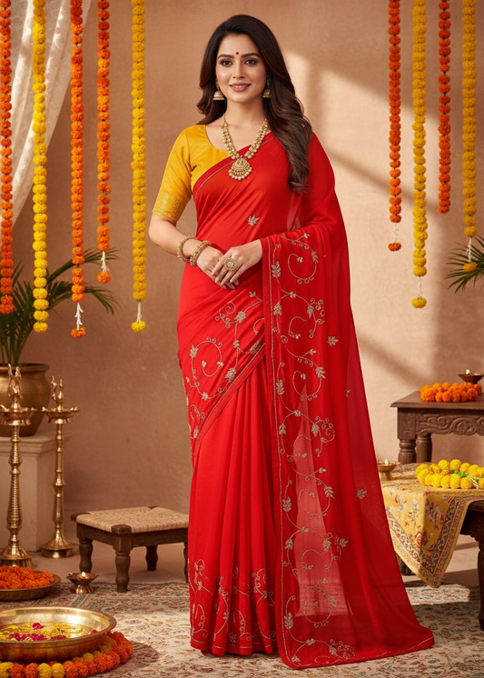 Red Kutdana Festive Semi Chiffon Saree