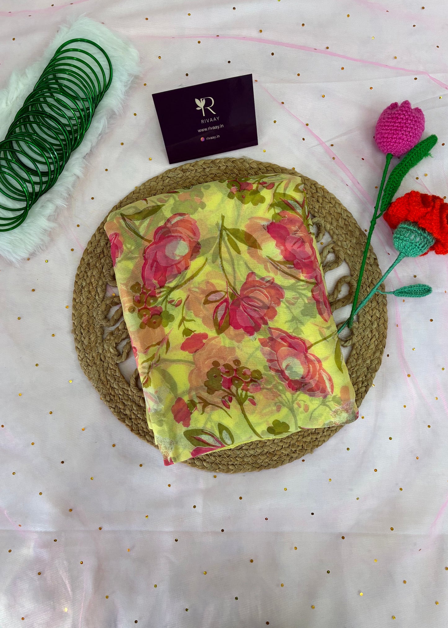 Yellow Floral Pure Chiffon Saree