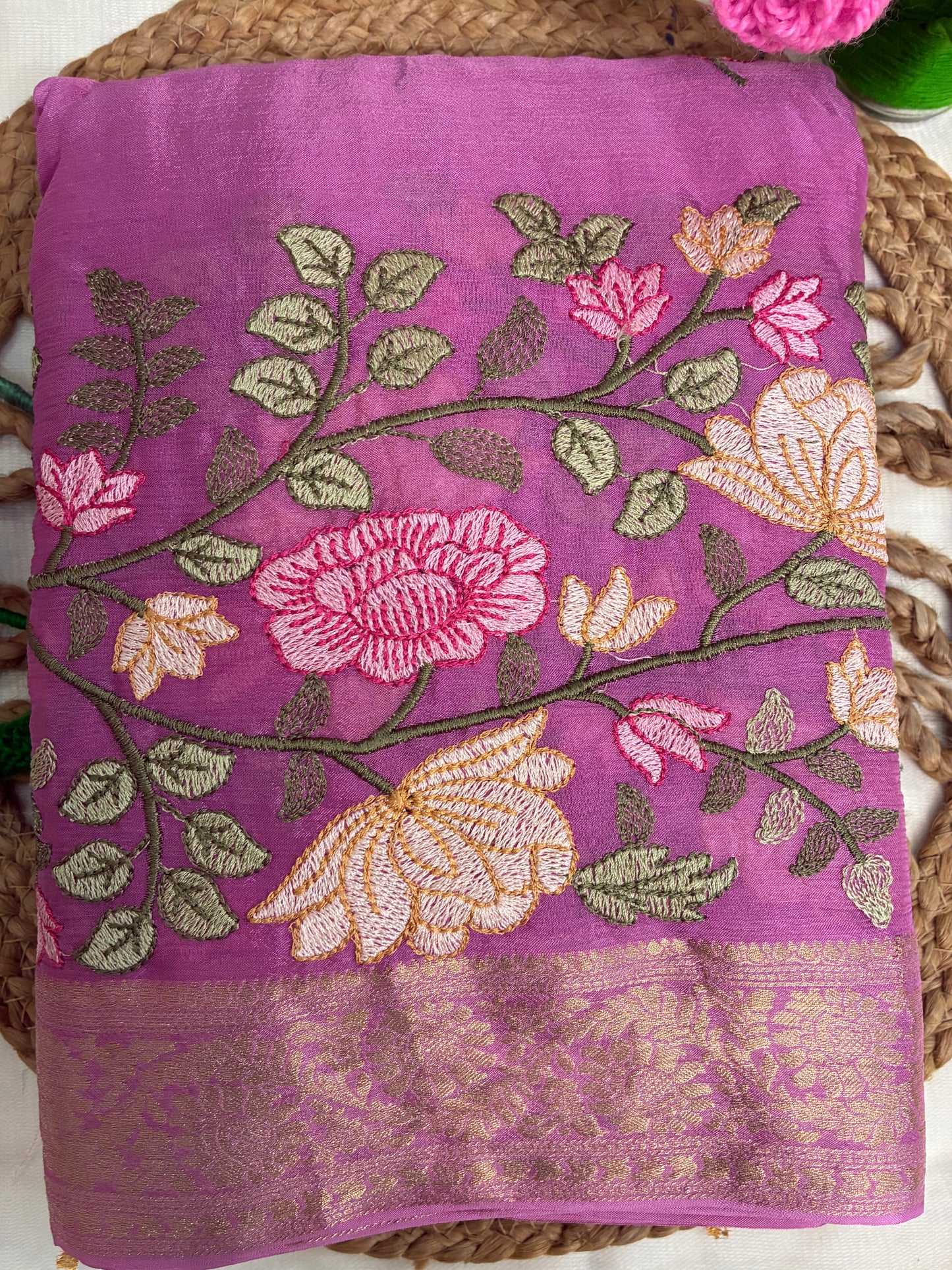Lavender Floral Design Chinon Saree