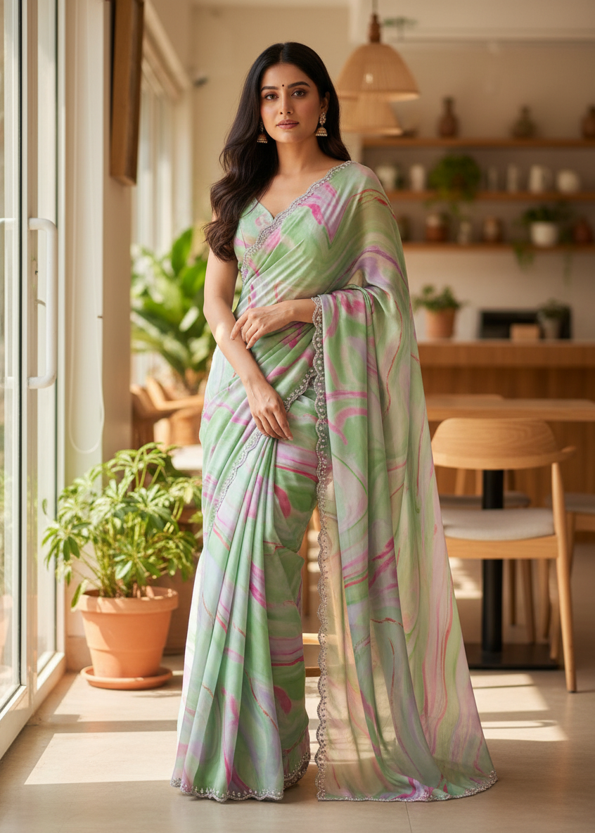Multicolor Pastel Crepe Satin Saree