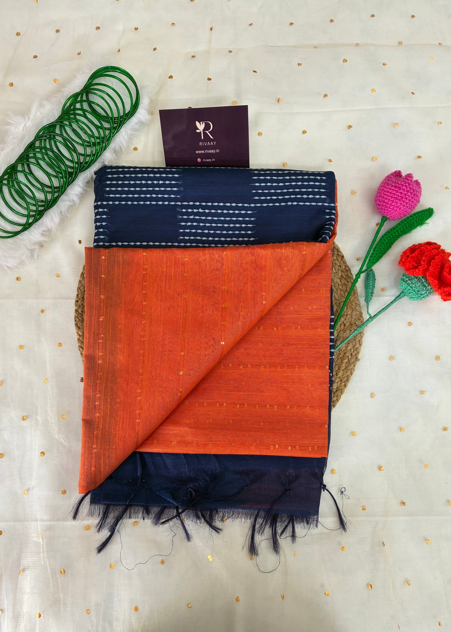 Orange Blue Striped Chanderi Cotton