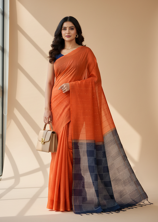 Orange Blue Striped Chanderi Cotton