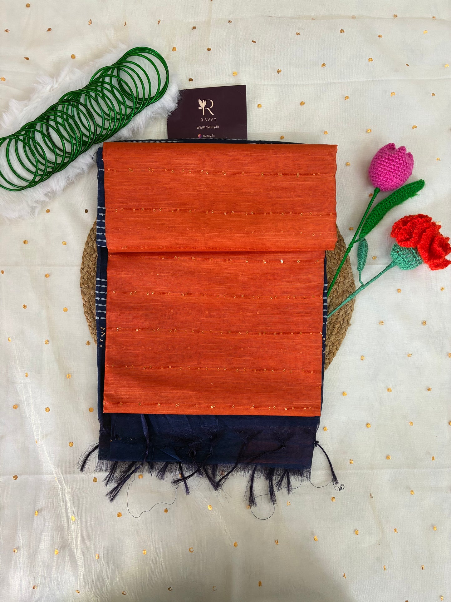 Orange Blue Striped Chanderi Cotton