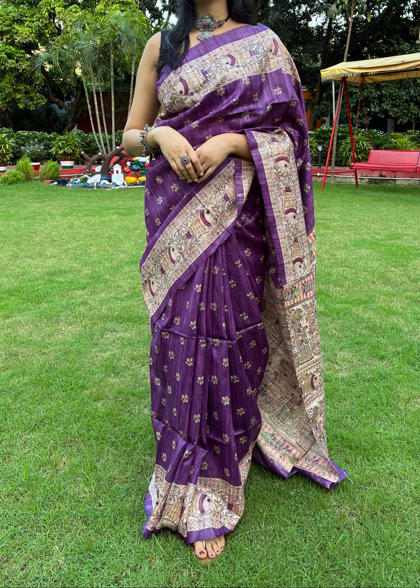 Purple Bhagalpuri Ghicha Silk With Madhubani Print Saree