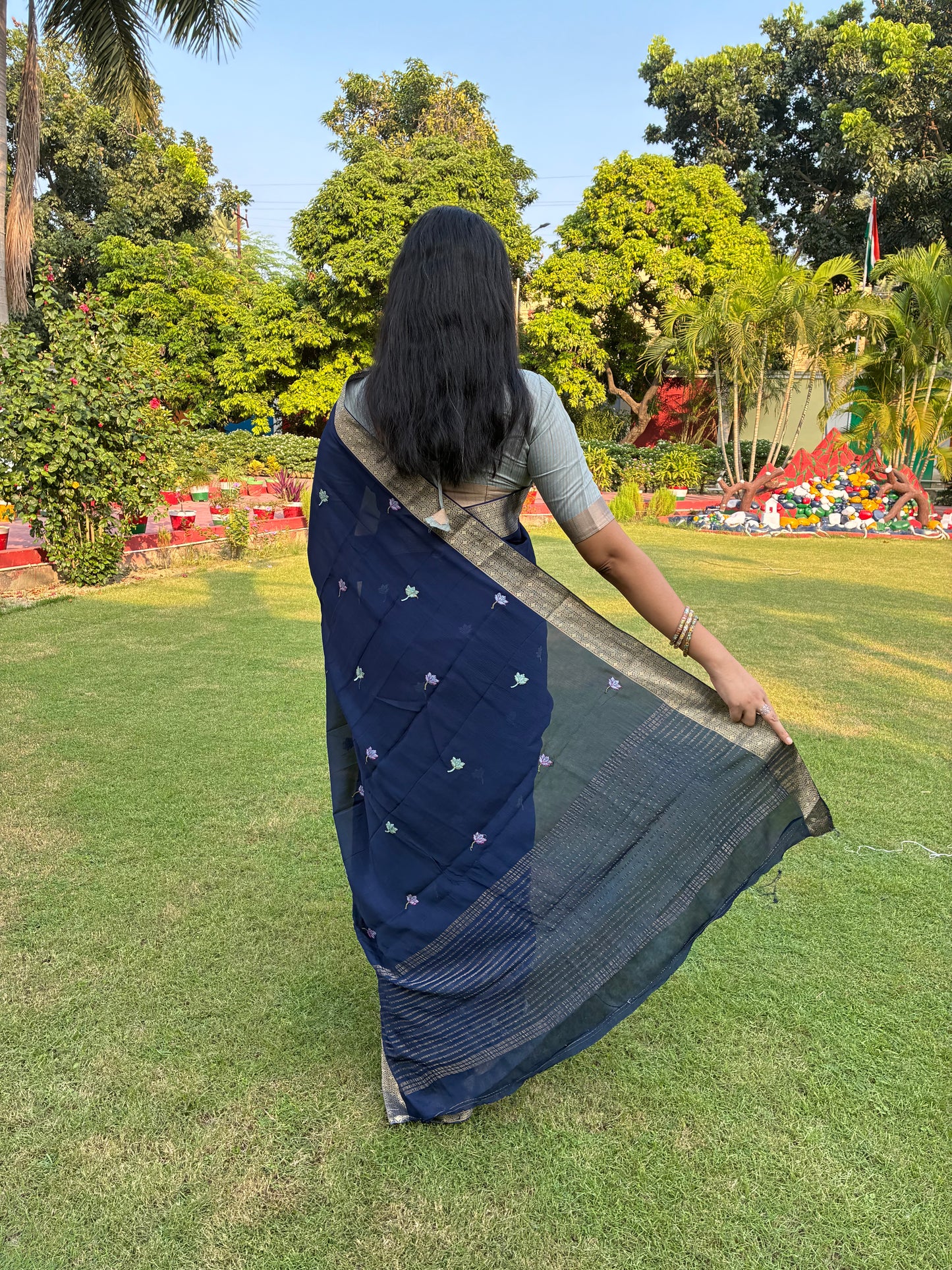 Navy Blue Floral Design Chinon Saree