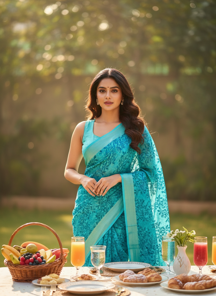 Blue Printed Semi Chiffon Saree