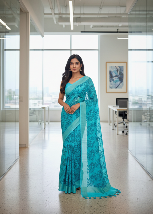 Blue Printed Semi Chiffon Saree